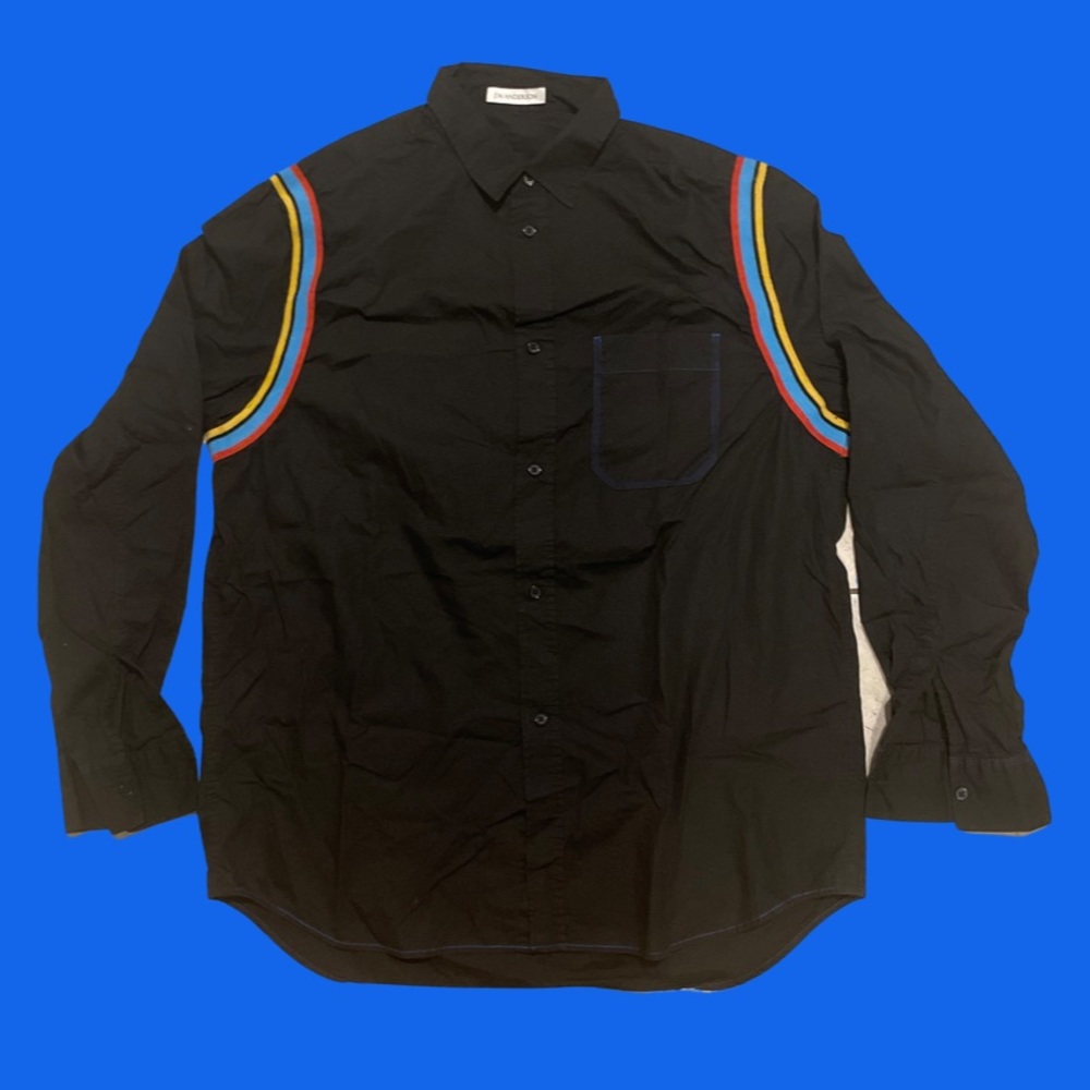 J.W. Anderson black button down with colorful elastic seams